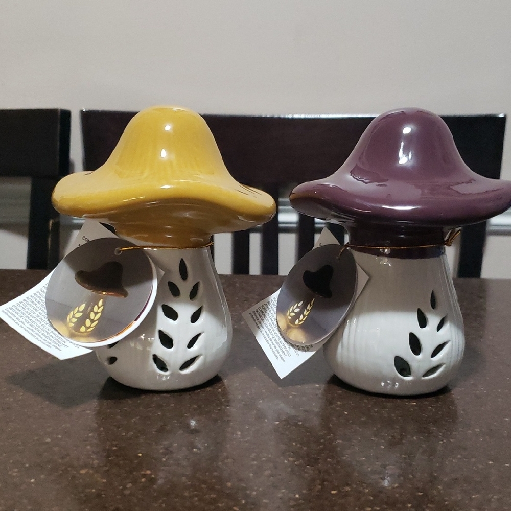 Small Yellow and Small Brown Porcelain LED light up Mushroom Figurine Home Decor